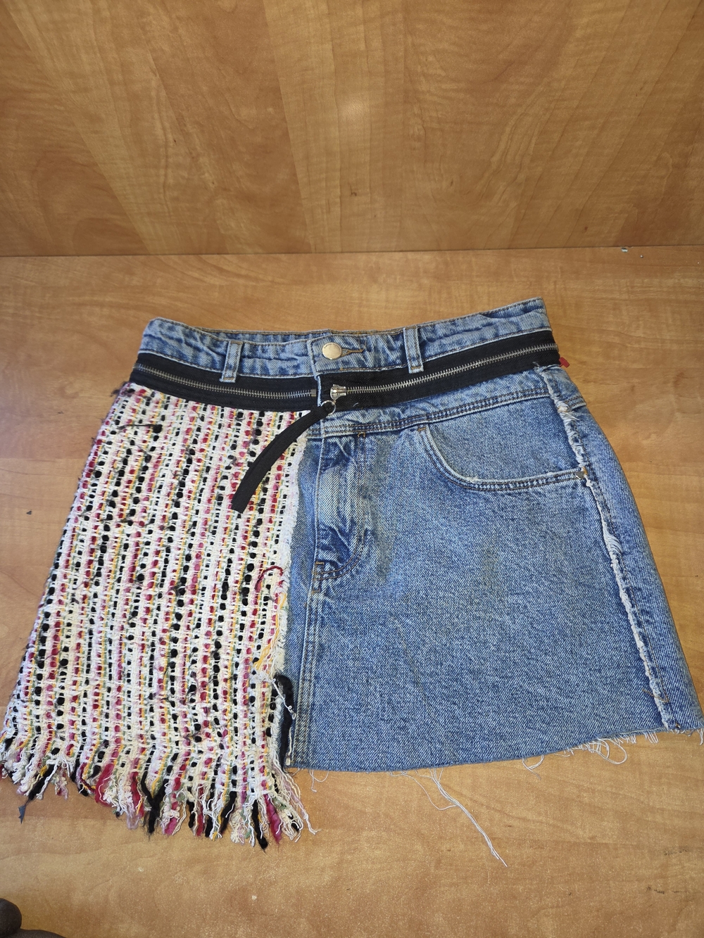 Denim and Multicolor Tweed Asymmetric Mini Skirt